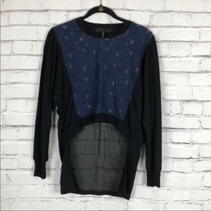 BCBG Maxazria Blue and Black Lace Sheer Sweater